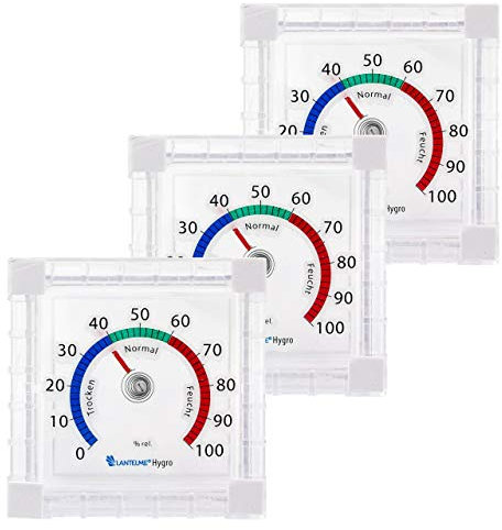 Lantelme 3 Stück Fenster Hygrometer Set selbstklebend | Feuchtigkeitsanzeige von 0 bis 100% rel. Analog | Luftfeuchtigkeitsmessung für Außen Garten Gewächshaus | Feuchtemesser der Luftfeuchtigkeit
