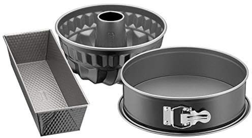 Original Kaiser Inspiration - Set 3 Moldes para hornear. Juego con molde redondo base desmontable Ø 26 cm, molde redondo Bundt Ø 22 cm y molde rectangular 30 cm, gris