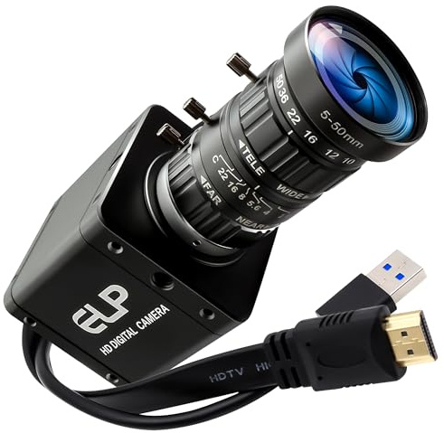 ELP 4K HDMI USB 3.0 Simultanausgangskamera, H.264 High Speed ​​60fps, Low-Light-Farb-Webcam mit Lichtempfindlichkeit, 5–50 mm 10-fach Zoomobjektiv, Plug & Play für Windows, Linux und Android