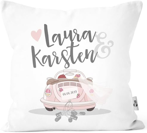 MoonWorks® personalisierbare Kissen-Hülle zur Hochzeit,Hochzeitskissen Auto Hochzeitsgeschenk Geldgeschenk Kissenhülle mit Schleife Weiss 40cm x 40cm