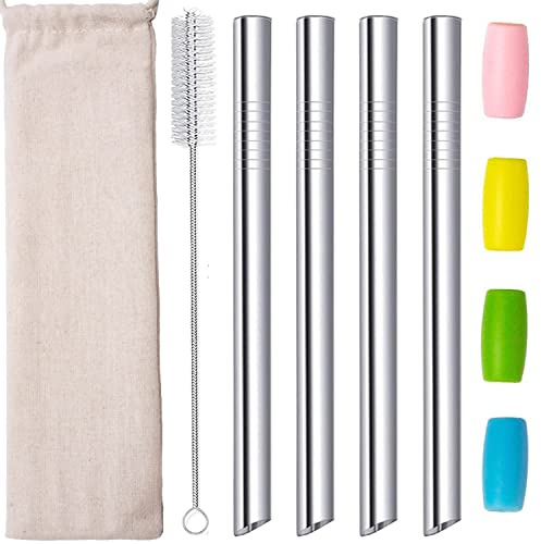 Bubble Tea Strohhalme, Edelstahl Wiederverwendbar Strohhalme, Metall Strohhalm Spitzes, 12mm Breit Dicke Trinkhalme für Smoothie Säfte Milchshake Boba Perlen, mit Bürste Silber 4 Stück