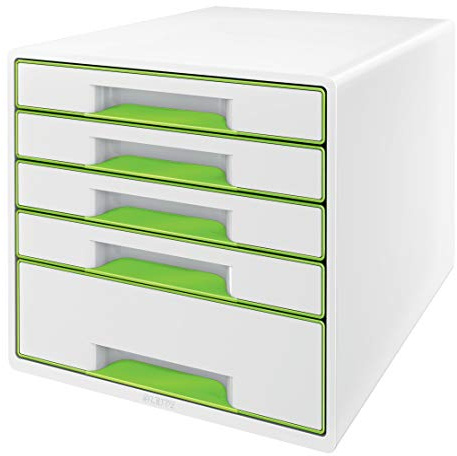 Leitz CUBE Cajonera con 5 cajones, blanco/verde, A4, incluye inserto de cajón transparente, WOW, 52142054// 'Rotulador' no viene con el producto