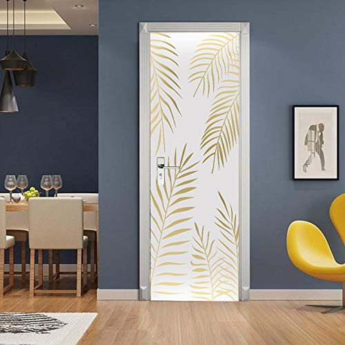 SMHCHA 3D Autoadhésif Autocollants de Porte Feuilles de palmier doré 77X200CM 3D Sticker de Porte DIY Mural Décoratif Autoadhésif Amovible Cuisine Décoration colle inclus
