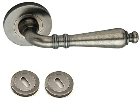 Infinity Decor Pewter Lever Door Handle with Choice of Escutcheons - Made from Solid Brass - Antique Old English Style (Handle + Oval Standard Escutcheon (Pair))