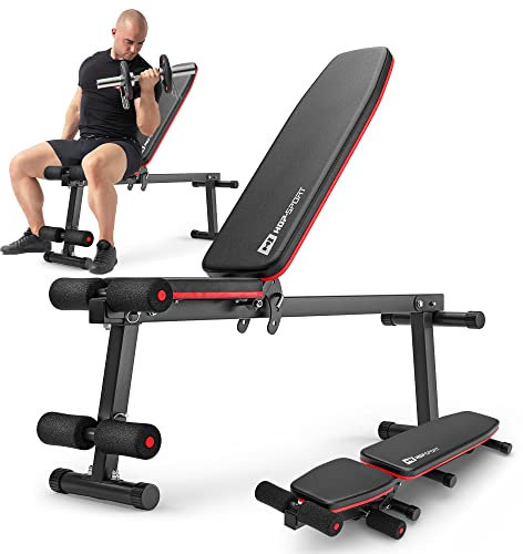 Hop-Sport Hantelbank, klappbare Trainingsbank mit verstellbarer Rückenlehne und Beinpresse, Multifunktionale Fitnessbank für Zuhause, Bauchtrainer, Kraftstation, 110 kg Max. Belastbarkeit