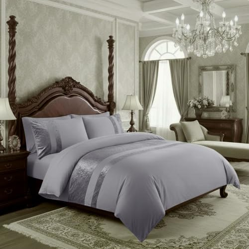 Casabella Luxury Crushed Velvet Panel Band Duvet Cover Sets with Pillow Case Double Duvet Cover Bedding Set – Silver Crush Velvet Double Duvet Cover Sets