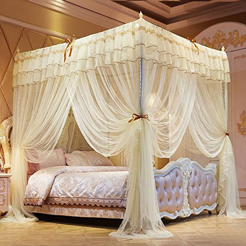 DUXY Moskitonetz, Luxus Prinzessin Betthimmel mit Edelstahlhalterung, Betthimmel mit 4 Eckpfosten 3 Seitenöffnungen, für Mädchen Kinderbett Kinder Erwachsene, Bettwäsche Dekor,Gelb,200x220cm