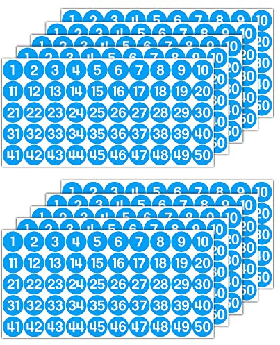 GamesMonkey® - Etichette Numeri Adesivi Cerchi - Azzurro - da 1 a 50 - (50-500 - 2500 pezzi)(10-25 mm) Vinile Impermeabile - Inventario Consecutivi (25 mm - 2,5 cm, 500 Pezzi - 10 Fogli)