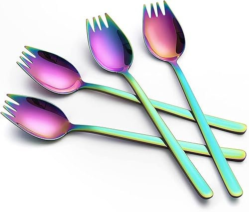 4 cucharas de tenedor coloridas, 19 cm de largo, tenedor de ensalada de acero inoxidable, 2 en 1, cuchara de sopa, tenedor de ensalada, tenedor de pasta, cuchara multifunción para postre