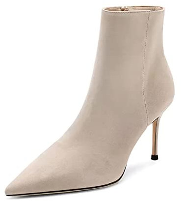 HDEUOLM Donna Spillo Alto High Tacco Heel a Punta Stivaletti Slip-on Cerniera da Matrimonio Dress 8 CM Heels Beige 38 EU