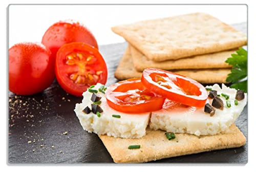 Wallario Frühstücksbrettchen aus Glas, Glasunterlage, Glasbrettchen Frisches Knäckebrot mit Tomaten und Käse, Größe 20 x 30 cm, Sicherheitsglas