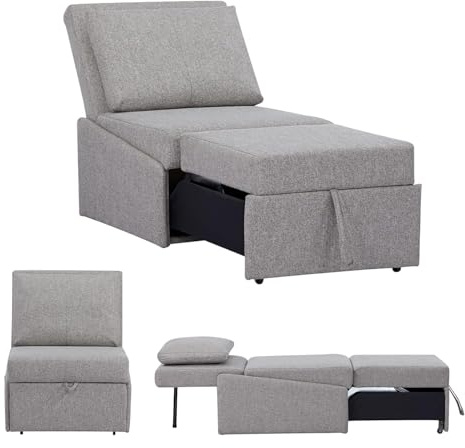 EVERGREENWEB - Poltrona Pouf Letto Singolo con Materasso e Cuscino INCLUSO, Prontoletto Salvaspazio Pieghevole, Pouf Poggiapiedi, Ottomano, Comodo Schienale Regolabile e Tasca Laterare | SOFY (Grigio)
