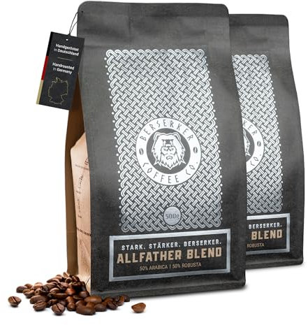 BERSERKER COFFEE - Allfather Blend, 2x500g - 50% Arabica, 50% Robusta Kaffeebohnen - säurearmer Kaffee, milde Röstung - GANZE BOHNE