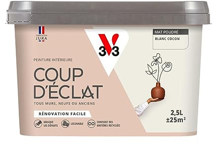 V33 Peinture murale intérieure Coup d'Éclat® Blanc cocon Mat Poudré 2,5L | Tous murs neuf ou anciens, Rénovation facile, Masque les défauts, Lessivable, Contient des matières recyclées