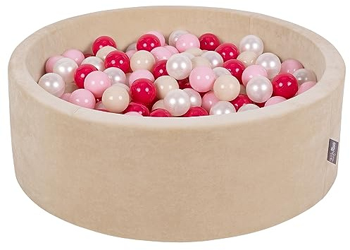 KiddyMoon Mjuk rund 90 x 30 cm/200 bollar 7 cm/2,75 tum för barn, skum sammet boll pool baby lekbollar, sandbeige: pastell beige/ljusrosa/pärla/mörkrosa