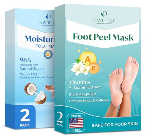Plantifique Fußpeeling-Maske (Jasminduft) - 2 Paar Hornhaut-Entfernungs-Socken & Fussmaske für trockene und rissige Füße, Anti Horhaut Socken - 2 Paar Feuchtigkeitssocken in einer Box