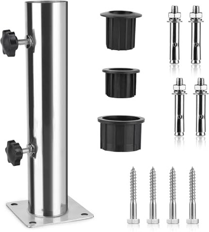 efuturetime Base per Ombrellone, Porta Ombrellone Universale Regolabile con 3 Anelli di Riduzione in PVC (32/38/48mm), Manicotto per Ombrellone in Acciaio Inox con 8 Chiodi in Acciaio