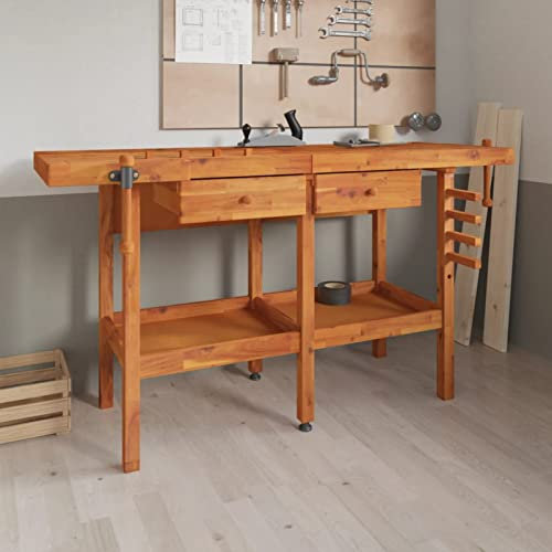 Gecheer Werkbank mit Schubladen Schraubstöcken Werktisch Werkstatttisch Arbeitstisch mit Ablagen Garage Aufbewahrung Aufbewahrungstisch Werkstatt Werkstatttisch Montagewerkbank 162x62x83cm Akazienholz
