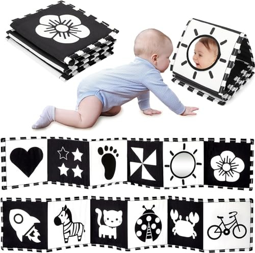 URMYWO Livre Tissu bébé 0-3-6-12 Mois,Livre Noir et Blanc Bébé Montessori,Livre de Haute Contraste en Tissu Sensoriel Bébé Naissance,Jouet eveil Bebe 0-3-6 Mois,Cadeau Parfait pour Bébé