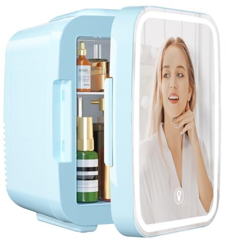 YASHE Mini Kühlschrank, Skincare-Kühlschrank mit LED-Lichtspiegel, 4-Liter-Kleinkühlschrank tragbar, 220V AC / 12V DC Thermoelektrische Heizung und Kühlung für Auto, Büro, Wohnheim (Blau)