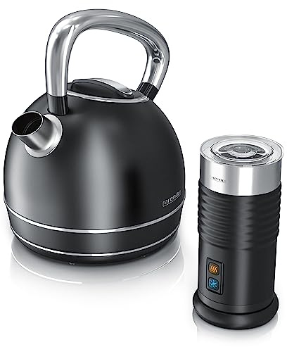 Arendo Set Ensembles Bouilloire électrique et Mousseur à Lait Inox Noir, Bouilloire Style Vintage rétro 1,7L 2200W, Mousseur à Lait électrique 2 Touches pour moussage à Chaud et à Froid, Noir