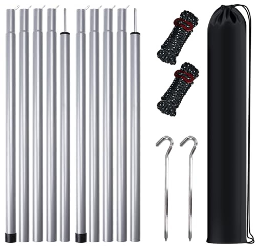 MI CASA Tent Tarp Poles Set of 2 with Pegs & Reflective Ropes, Universal Telescopic Adjustable Aluminium Camping Awning Poles Tent Accessories for Camping Tarp Awning Shelter Canopy Sunshade, Grey