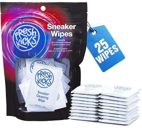FRESH KICKS Sneaker Wipes Cleaner – 25 – Pack Quick Wipes for Sneakers On-the-Go – Safe on Leather, Suede & White Shoes – Shoe Cleaning Wipes Remove Dirt & Stains – Travel Shoe Cleaner Kit Essential