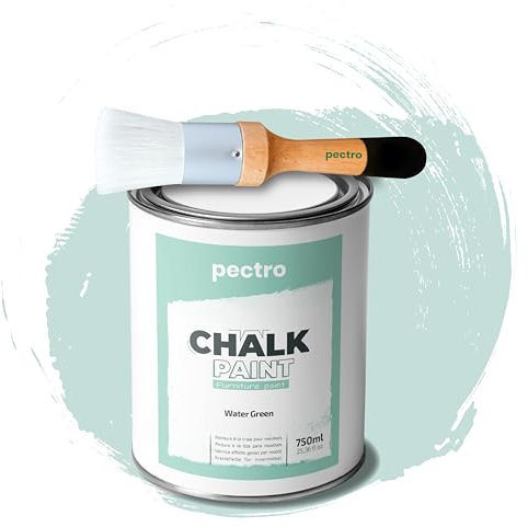 PECTRO Chalk Paint Vernice a Gesso 750ml + Pennello Tondo in Legno Pack - Pittura per Mobili Senza Carteggiare - Chalk Paint Bianco e Colori per legno Efetto Polvere (Verde Acqua)