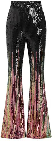 FYMNSI Damen Glitzer Pailletten Schlaghose High Waist Weites Bein Hose Elastische Taille Leggings Hippie 70er 80er Jahre Mottoparty Disco Rave Tanz Outfit Karneval Fasching Halloween Kost�m Bunt L
