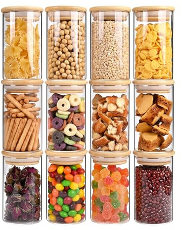 SHOWIN 8oz Glass Food Storage Jars, Glass Jars with Bamboo Lids, Kitchen Storage Jars, Set of 12, Canisters with Airtight Lids for Spice, Coffee, Cookie, Pantry Organizers