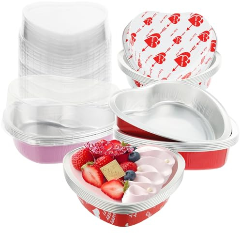 24 Sets Valentine's Day Large Heart Shaped Cake Pans with Lids, 255ml/9oz Disposable Heart Cake Pan Cupcake Baking Cups Liners Tins Ramekins Containers for Valentine's Day Food Wedding Birthday Party