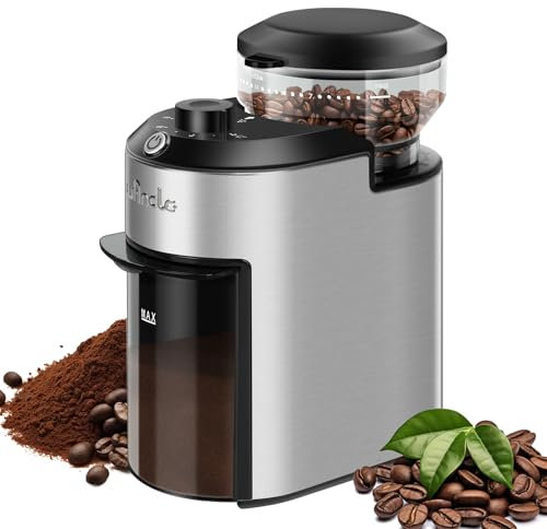 Molinillo de Café Wancle 200W con 28 Ajustes de Molienda, Protección contra Sobrecalentamiento, Capacidad de 2 a 12 Tazas, Diseño Compacto para un Almacenamiento Fácil, Acero Inoxidable