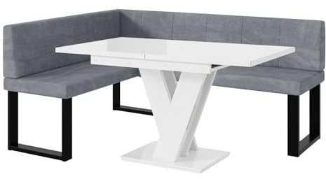 MEBLINI Eckbank für Esszimmer mit ausziehbarem Tisch - Küchenbank - Essecke - Sitzecke Küche - Peter - U-Beine 128x168x87cm Links - Grau Samt/M Weiß Hochgl.