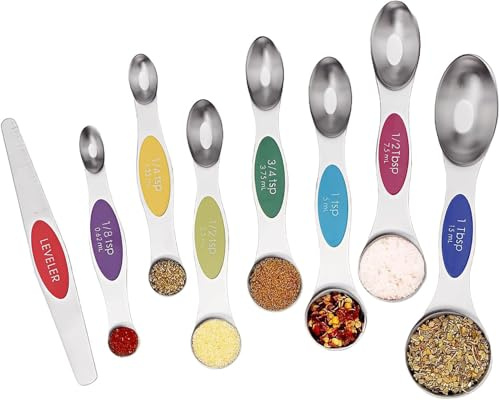 Magnetic Measuring Spoons Set of 8 Stainless Steel Stackable Dual Sided Nesting Teaspoons and Tablespoons for Measuring Dry and Liquid Ingredients (Color)