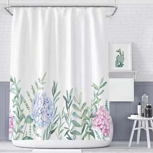 Duschvorhang Grüne Weiße Pflanzen Badevorhang Polyester Duschvorhang Stoff Anti Schimmel Shower Curtains Waschbar Duschvorhänge mit 12 Duschvorhangringen Duschvorhang für Badewanne 200x220cm