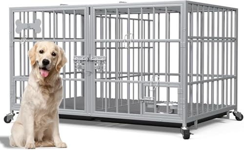 Hundbur, hundlåda med bottenskål, hundbur med skiljevägg, hundgallerslåda med 2 dörrar och bricka, 2 i 1 dubbellåda hundgallerslåda för stora och medelstora hundar, 120 x 73 x 68 cm, silverfärgad