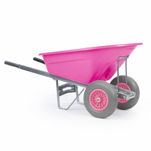 KCT 160L Big Wheelbarrow Pink Garden Barrow Twin Wheel Puncture Proof Tyre for Builders, Equestrian, Stable Yard, Construction