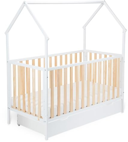 FabiMax Schlafmütze 120x60, Babybett in Hausoptik, 3-Fach Höhenverstellbar, Umbaubar zum Juniorbett (ohne Matratze/mit Schublade, weiß/Natur, 120x60 cm)