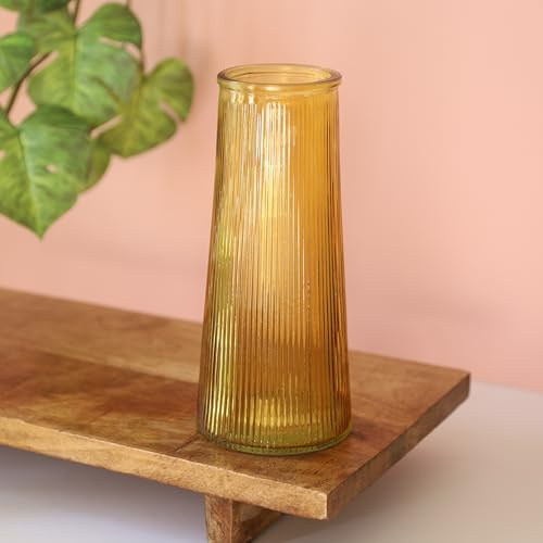 Tall Ribbed Glass Flower Vase Rustic Home Decor 22cm, 9inch Cylinder Glass Planter For Centerpieces Tabletop Shelf Sitter Home Decorative Gift (Yellow)