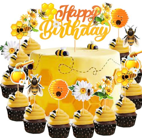 Bee Happy Birthday Tortenaufsatz, 13 Stück Bee Kuchen Deko Geburtstag, Biene Geburtstag Cupcake Toppers für Kuchen DIY Deko für Geburtstagsparty Kuchen Dekoration