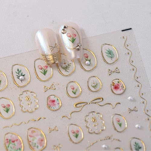 JMEOWIO 3D Embossed Flower Bow Nail Art Stickers Decals Self-Adhesive 5D Nail Supplies Nail Art Design Decoration Accessories 1 Sheets