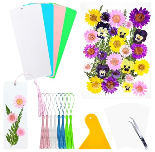 HEOCAKR 8 Stück Leeres Lesezeichen Papier Basteln Farbige Handwerk für Gepresste Blumen, Buchzeichen Herstellung Kit mit 36 Stück Getrocknete Blumen, 8 Stück Quasten, Bookmark für Getrocknete Blumen