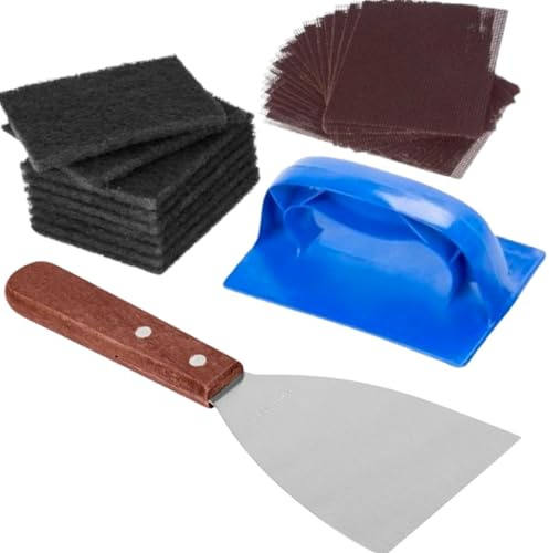 Heavy Duty Grill Scraper and Pad Holder Set – Flat Top Griddle Cleaning Kit with Scraper Tool, 10 Grill Cleaning Pads, 20 Grill Screens – Commercial Kitchen Griddle Cleaner for Restaurants