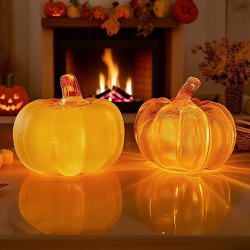 Zucche Decorative Autunnali, 2 Pcs LED Zucca halloween Luminosa, Decorazioni Autunnali Citrouille Illuminée, Zucca Decorativa pour Festival Automne Fête Récoltes Halloween Noël(Arancione)