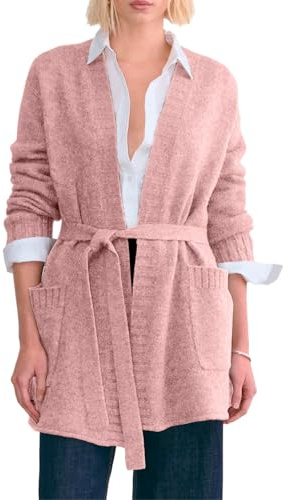 Astylish Women Casual Belted Sweater Long Sleeve Open Front Trendy Knit Draped Cardigan Outwear with Pocket Pink X-Large