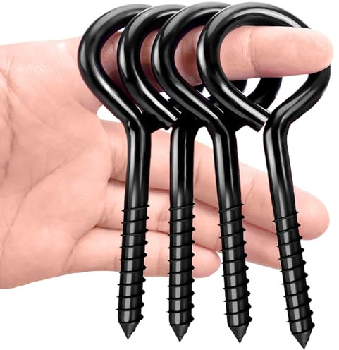 Litensh Viti a occhiello per viticci, ganci grandi a vite, gancio a vite in acciaio inox, autofilettante, viti per unghie, occhielli, gancio a vite (nero, 4 pezzi, M10 x 125)