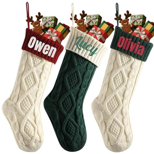 Weihnachtsstrümpfe mit bestickten Namen, gestrickt, Weihnachtsstrumpf für Kamin, Urlaub, Party, Dekoration