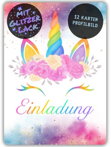 celebr8te 12x Einhorn Glitzer Regenbogen Einladungskarten - Für den Kindergeburtstag von Mädchen - Einhorn Geburtstagseinladungen inkl. Messenger Bild & Urlaubsgutschein