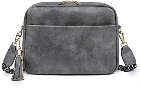 NICOLE & DORIS Umhängetasche Damen Mittelgroß Mode Handtasche Schultertasche Weiche Leder PU Handytasche Multi-Pocket Crossbody Bag mit Quastenanhänger Grau