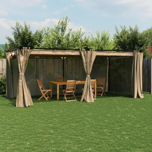 Pavillon de Jardin, 6x3 m avec Rideaux en Polyester, Structure Acier Renforcé, Toit Rétractable, Pergola Jardin Exterieur pour Terrasse, Jardins, Événements, Couleur Taupe, 596 x 295 x 221 cm